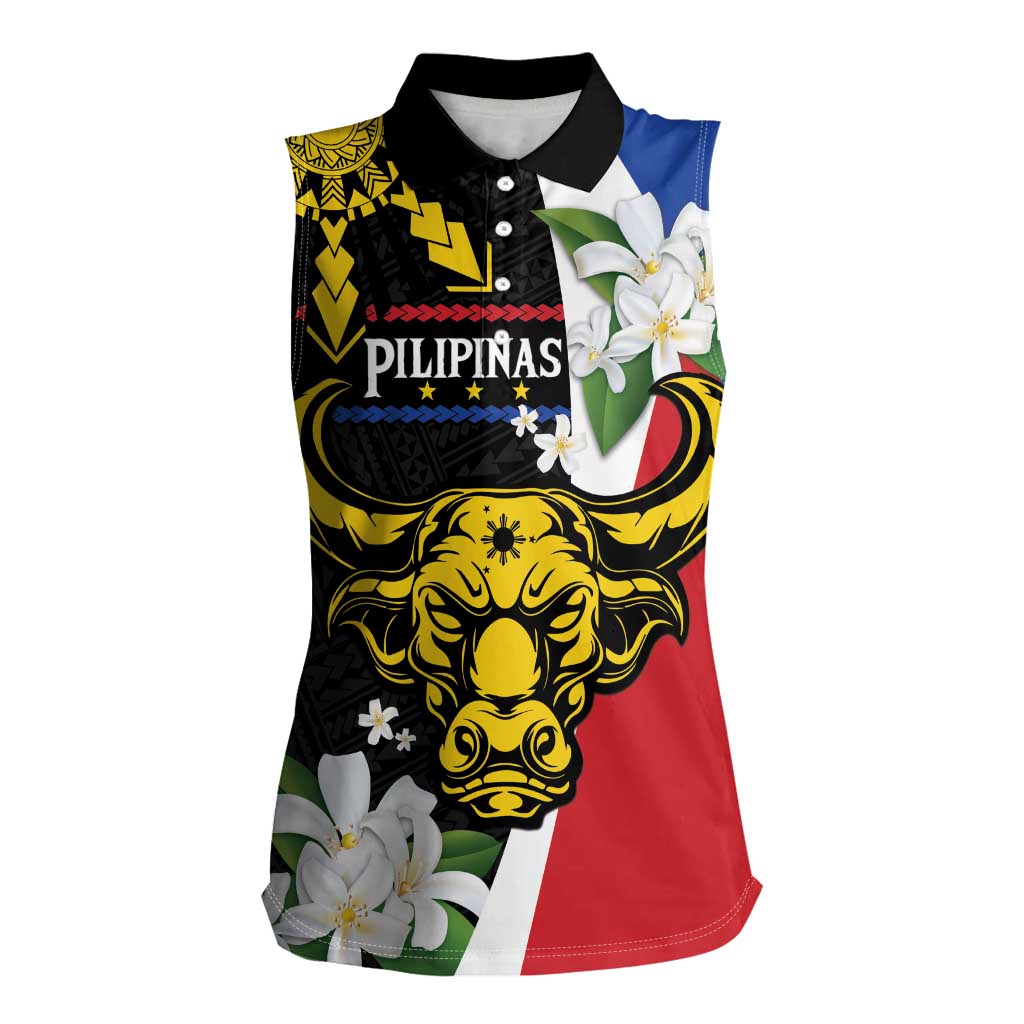 Personalised Philippines Carabao Women Sleeveless Polo Shirt Filipino Sun Mix Sampaguita Flower LT14 Female Black - Polynesian Pride