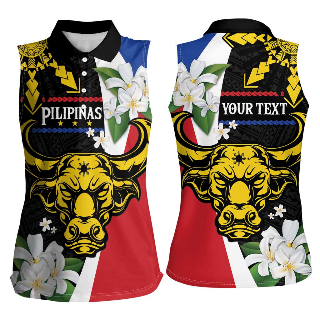 Personalised Philippines Carabao Women Sleeveless Polo Shirt Filipino Sun Mix Sampaguita Flower LT14 - Polynesian Pride