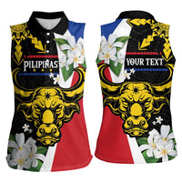 Personalised Philippines Carabao Women Sleeveless Polo Shirt Filipino Sun Mix Sampaguita Flower LT14 - Polynesian Pride