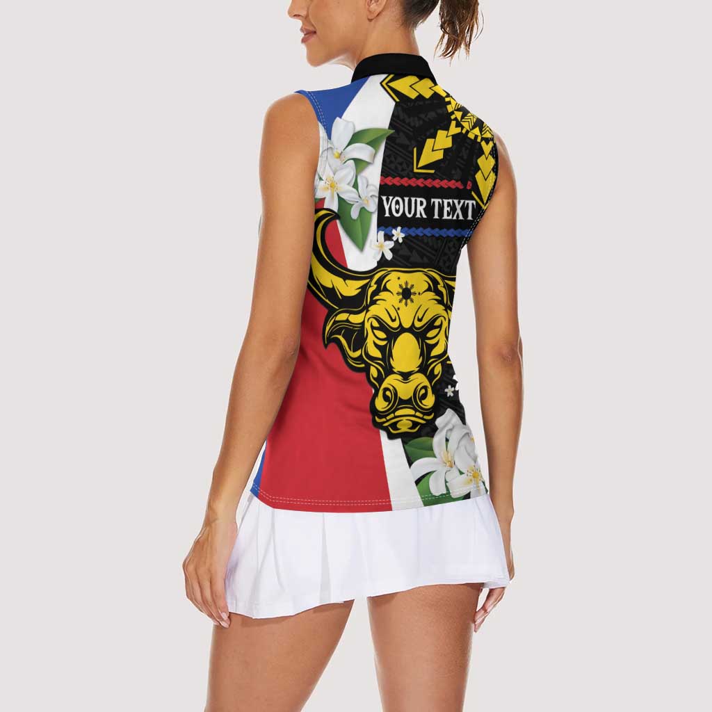 Personalised Philippines Carabao Women Sleeveless Polo Shirt Filipino Sun Mix Sampaguita Flower LT14 - Polynesian Pride