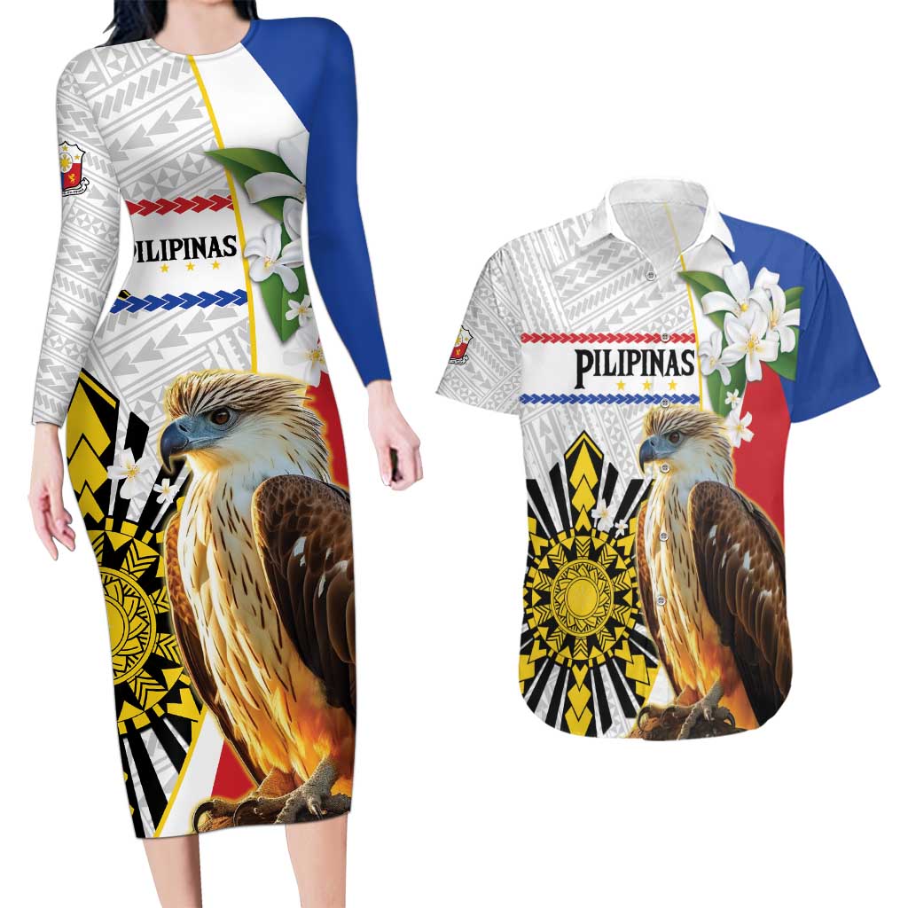 Personalised Philippines Eagle Couples Matching Long Sleeve Bodycon Dress and Hawaiian Shirt Filipino Sun Mix Sampaguita Flower LT14 White - Polynesian Pride