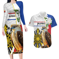 Personalised Philippines Eagle Couples Matching Long Sleeve Bodycon Dress and Hawaiian Shirt Filipino Sun Mix Sampaguita Flower LT14 White - Polynesian Pride