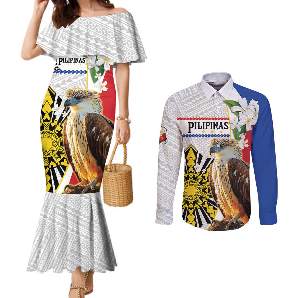 Personalised Philippines Eagle Couples Matching Mermaid Dress and Long Sleeve Button Shirt Filipino Sun Mix Sampaguita Flower LT14 White - Polynesian Pride