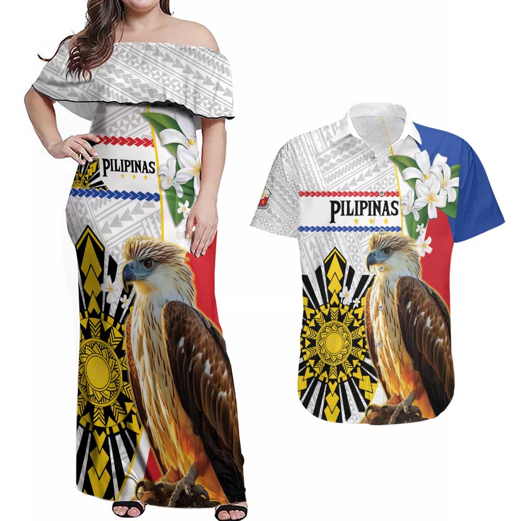 Personalised Philippines Eagle Couples Matching Off Shoulder Maxi Dress and Hawaiian Shirt Filipino Sun Mix Sampaguita Flower LT14 White - Polynesian Pride