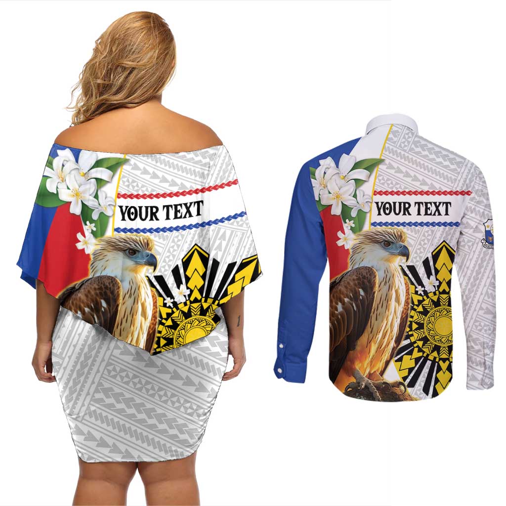 Personalised Philippines Eagle Couples Matching Off Shoulder Short Dress and Long Sleeve Button Shirt Filipino Sun Mix Sampaguita Flower