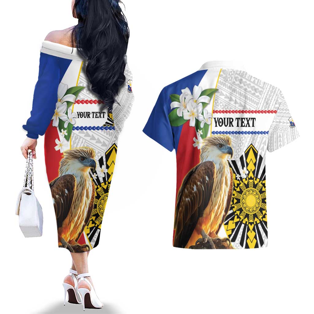 Personalised Philippines Eagle Couples Matching Off The Shoulder Long Sleeve Dress and Hawaiian Shirt Filipino Sun Mix Sampaguita Flower LT14 - Polynesian Pride