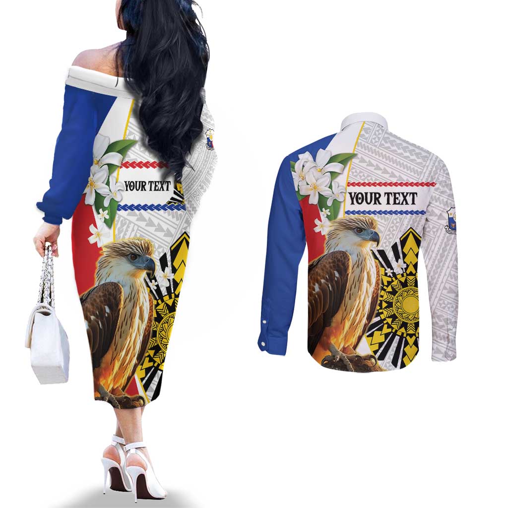 Personalised Philippines Eagle Couples Matching Off The Shoulder Long Sleeve Dress and Long Sleeve Button Shirt Filipino Sun Mix Sampaguita Flower LT14 - Polynesian Pride