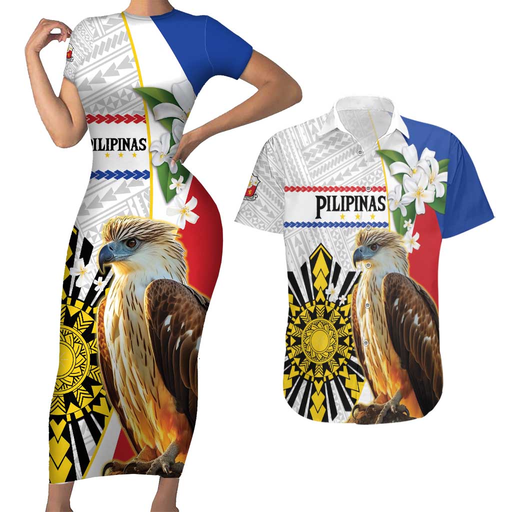 Personalised Philippines Eagle Couples Matching Short Sleeve Bodycon Dress and Hawaiian Shirt Filipino Sun Mix Sampaguita Flower LT14 White - Polynesian Pride