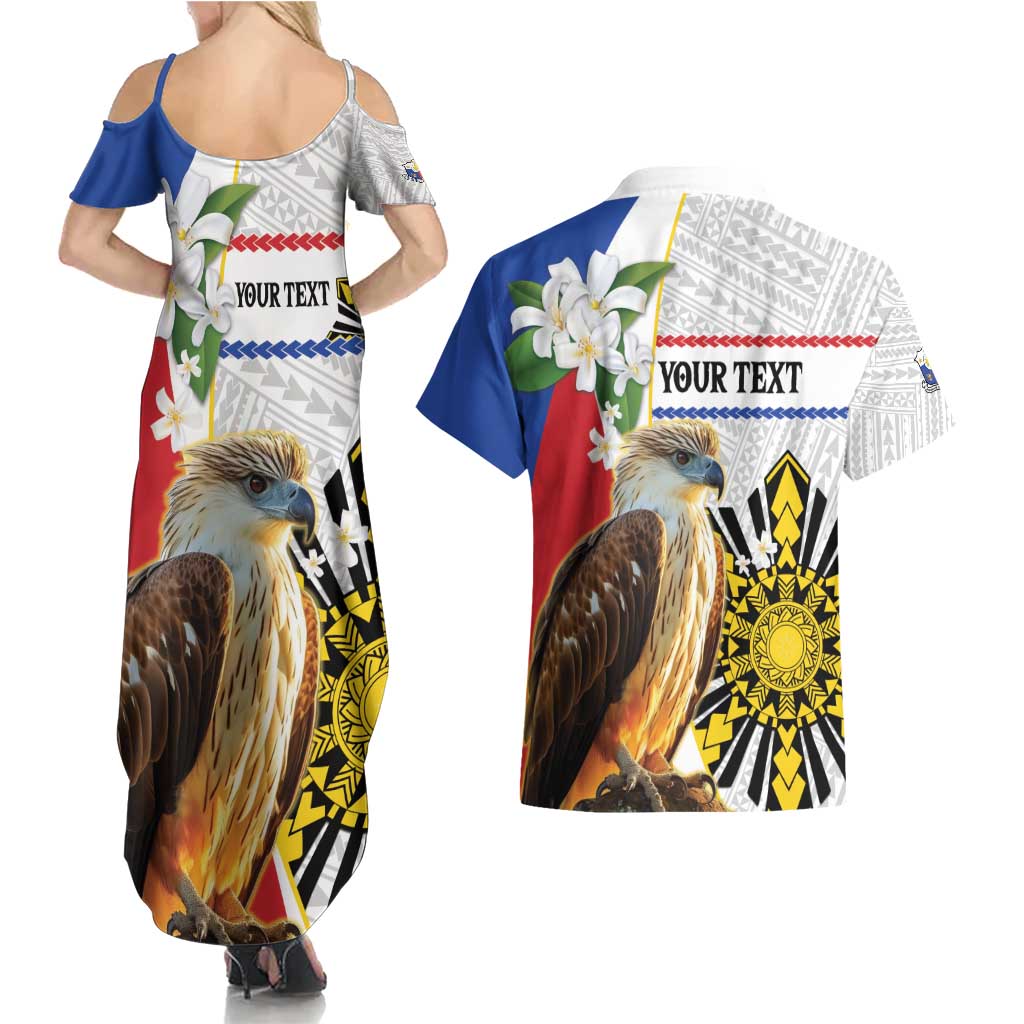 Personalised Philippines Eagle Couples Matching Summer Maxi Dress and Hawaiian Shirt Filipino Sun Mix Sampaguita Flower LT14 - Polynesian Pride