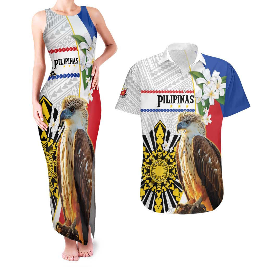 Personalised Philippines Eagle Couples Matching Tank Maxi Dress and Hawaiian Shirt Filipino Sun Mix Sampaguita Flower LT14 White - Polynesian Pride