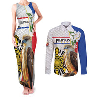 Personalised Philippines Eagle Couples Matching Tank Maxi Dress and Long Sleeve Button Shirt Filipino Sun Mix Sampaguita Flower LT14 White - Polynesian Pride