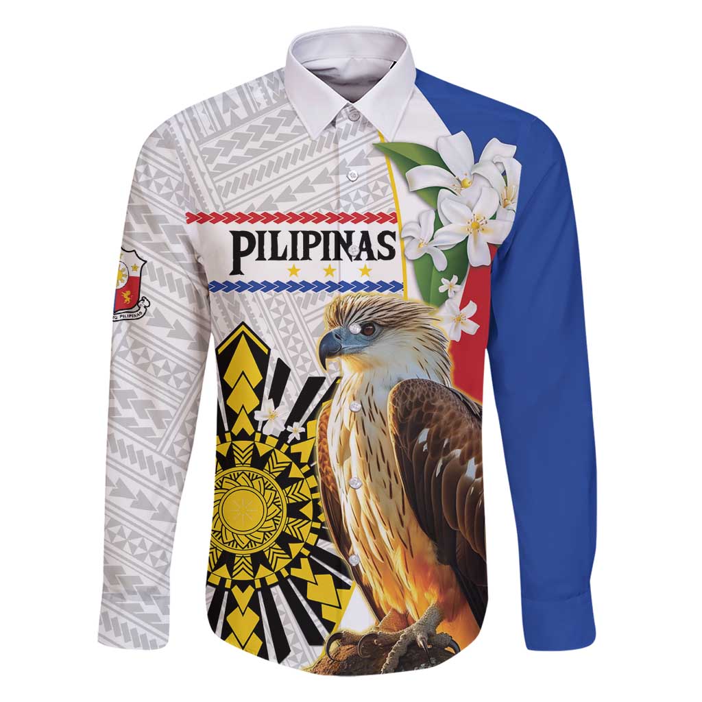 Personalised Philippines Eagle Family Matching Mermaid Dress and Hawaiian Shirt Filipino Sun Mix Sampaguita Flower LT14 Dad's Shirt - Long Sleeve White - Polynesian Pride