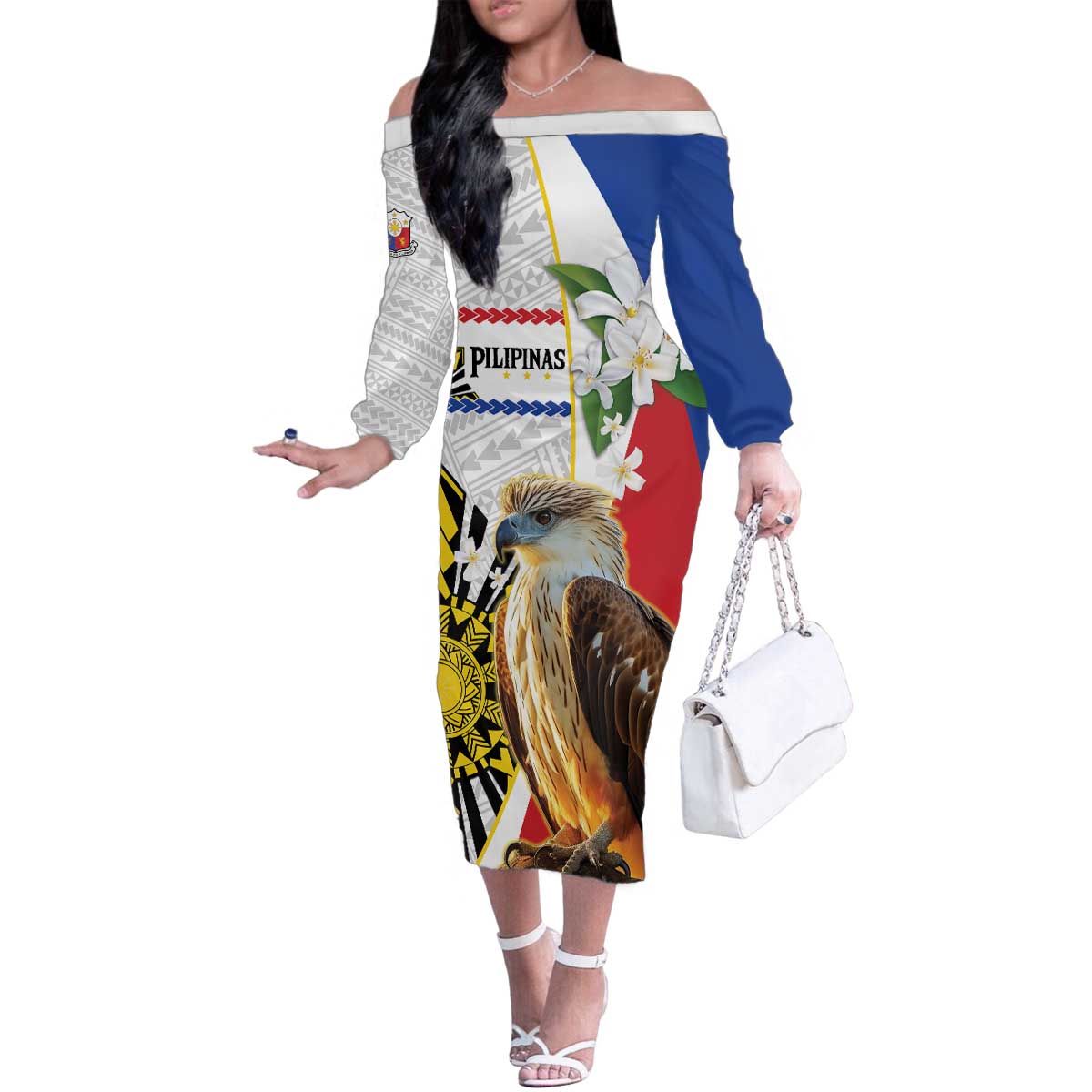 Personalised Philippines Eagle Family Matching Off The Shoulder Long Sleeve Dress and Hawaiian Shirt Filipino Sun Mix Sampaguita Flower LT14 Mom's Dress White - Polynesian Pride