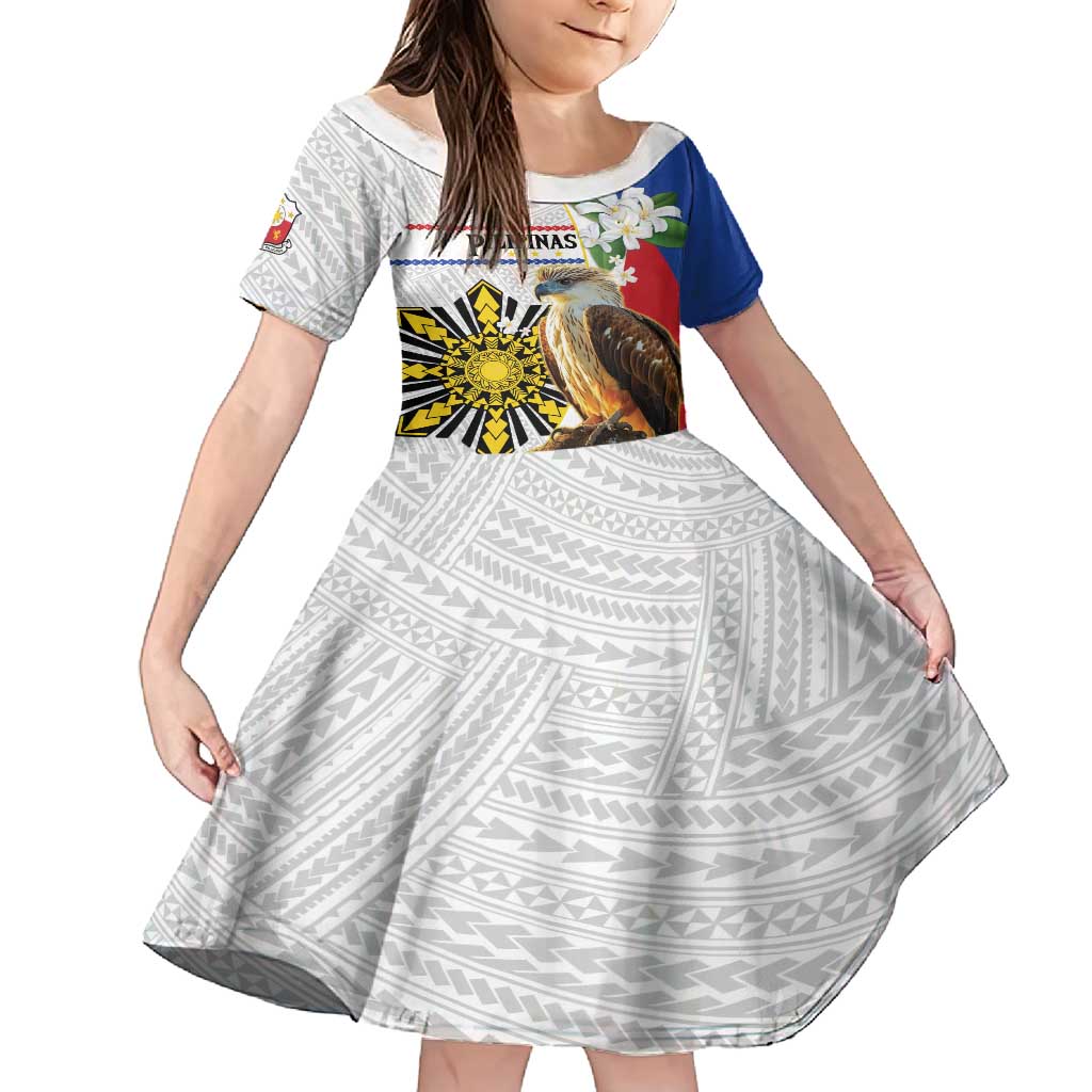 Personalised Philippines Eagle Family Matching Off Shoulder Maxi Dress and Hawaiian Shirt Filipino Sun Mix Sampaguita Flower LT14 Daughter's Dress White - Polynesian Pride