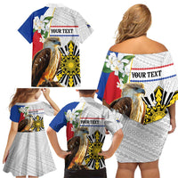 Personalised Philippines Eagle Family Matching Off Shoulder Short Dress and Hawaiian Shirt Filipino Sun Mix Sampaguita Flower LT14 - Polynesian Pride