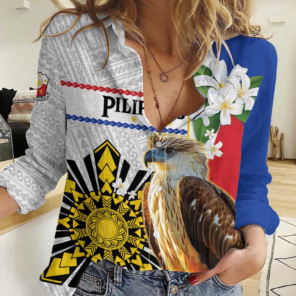 Personalised Philippines Eagle Women Casual Shirt Filipino Sun Mix Sampaguita Flower LT14 Female White - Polynesian Pride