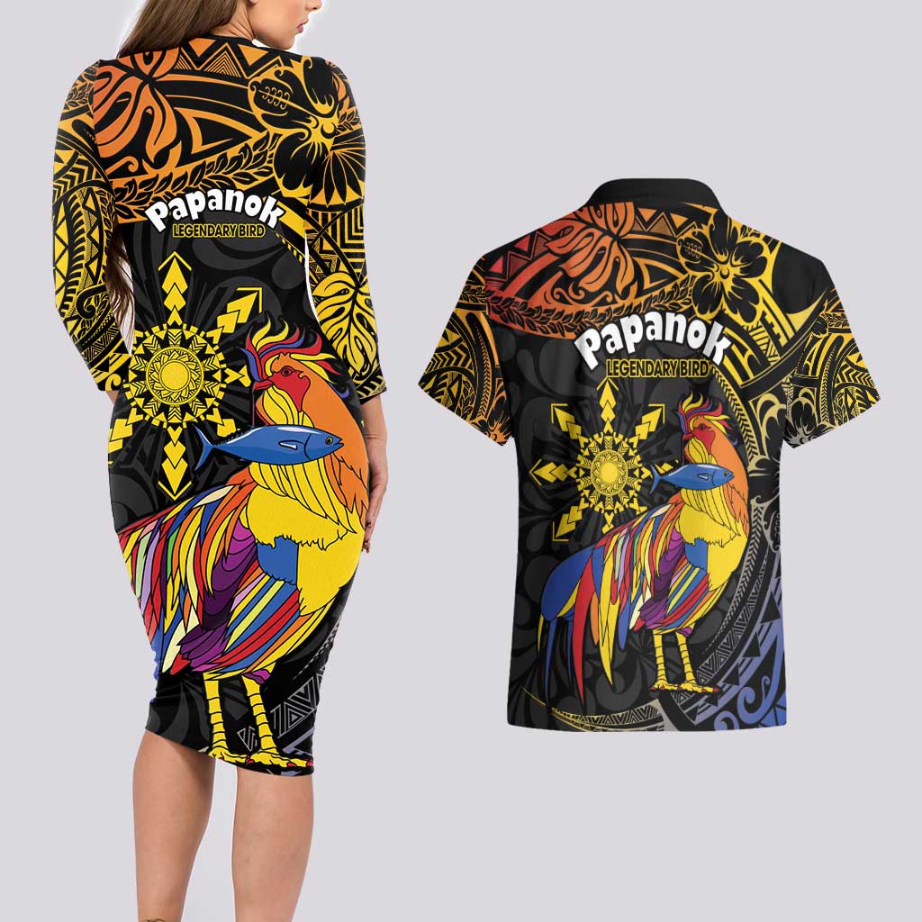 Philippines Sarimanok Couples Matching Long Sleeve Bodycon Dress and Hawaiian Shirt Papanok Legendary Bird Okir Polynesian Pattern LT14 - Polynesian Pride