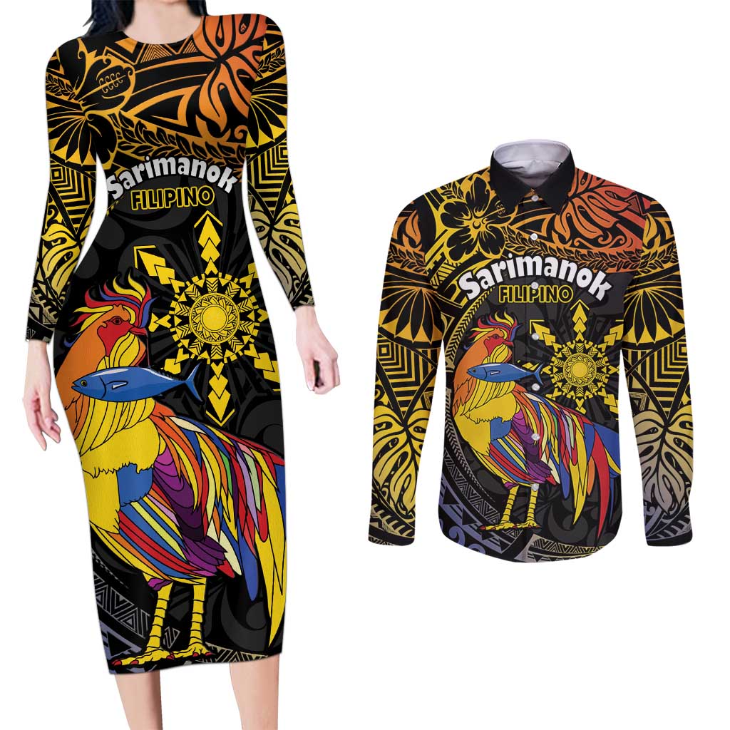 Philippines Sarimanok Couples Matching Long Sleeve Bodycon Dress and Long Sleeve Button Shirt Papanok Legendary Bird Okir Polynesian Pattern LT14 Black - Polynesian Pride