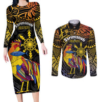 Philippines Sarimanok Couples Matching Long Sleeve Bodycon Dress and Long Sleeve Button Shirt Papanok Legendary Bird Okir Polynesian Pattern LT14 Black - Polynesian Pride