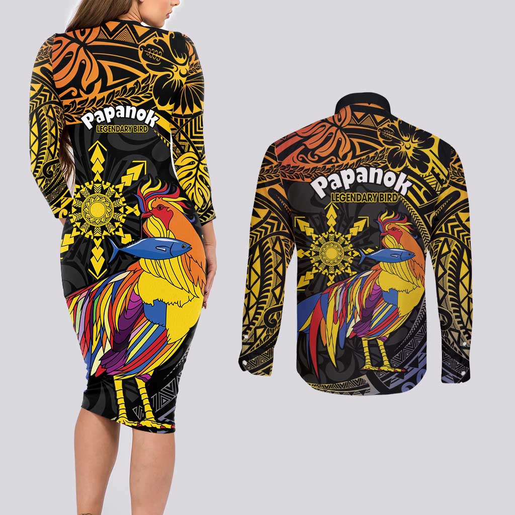 Philippines Sarimanok Couples Matching Long Sleeve Bodycon Dress and Long Sleeve Button Shirt Papanok Legendary Bird Okir Polynesian Pattern LT14 - Polynesian Pride