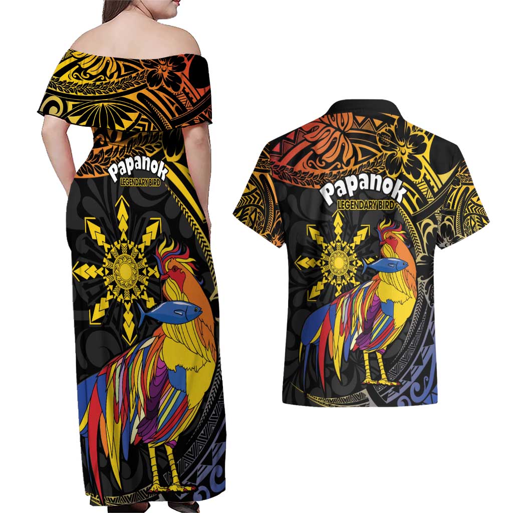 Philippines Sarimanok Couples Matching Off Shoulder Maxi Dress and Hawaiian Shirt Papanok Legendary Bird Okir Polynesian Pattern