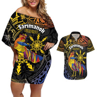 Philippines Sarimanok Couples Matching Off Shoulder Short Dress and Hawaiian Shirt Papanok Legendary Bird Okir Polynesian Pattern LT14 Black - Polynesian Pride