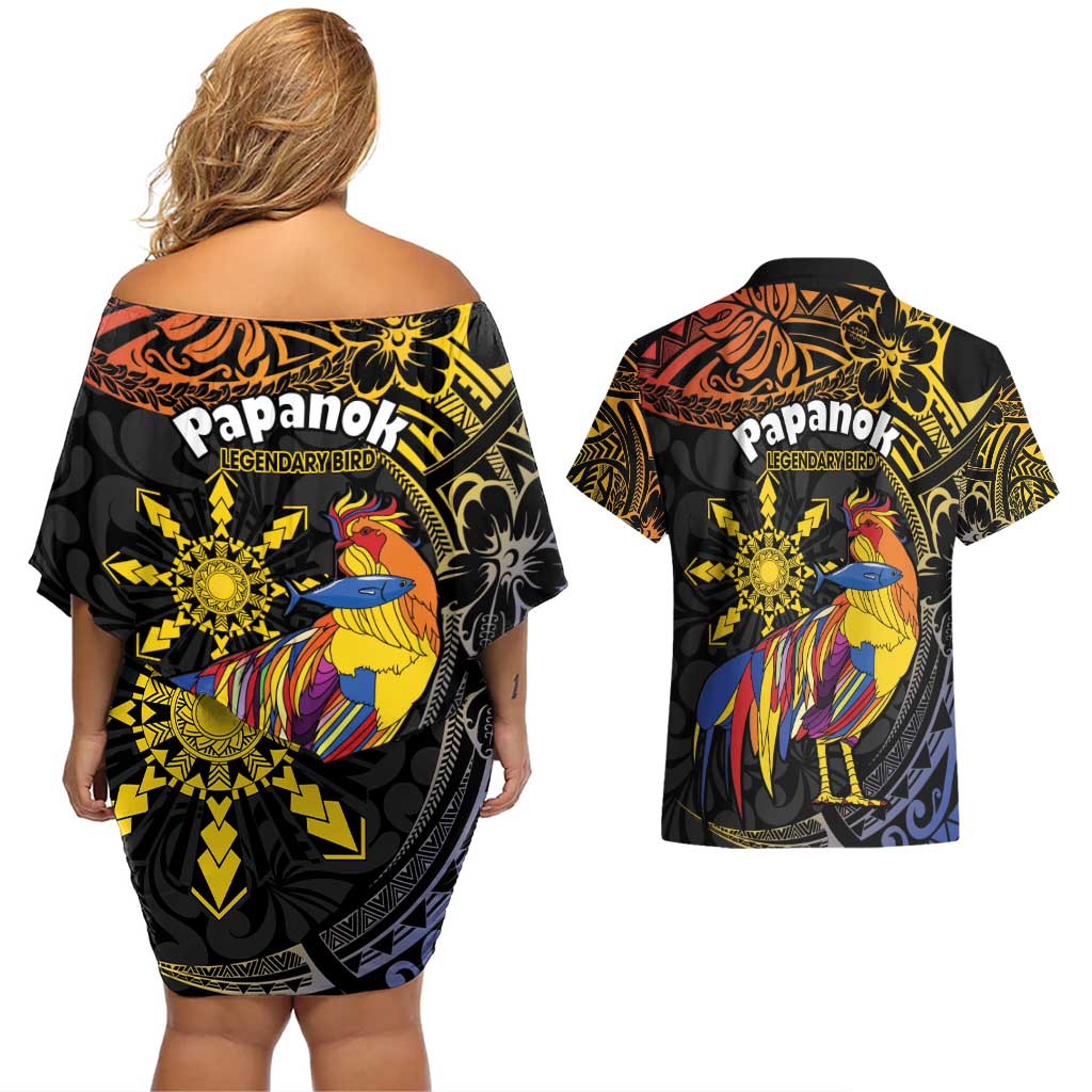 Philippines Sarimanok Couples Matching Off Shoulder Short Dress and Hawaiian Shirt Papanok Legendary Bird Okir Polynesian Pattern LT14 - Polynesian Pride