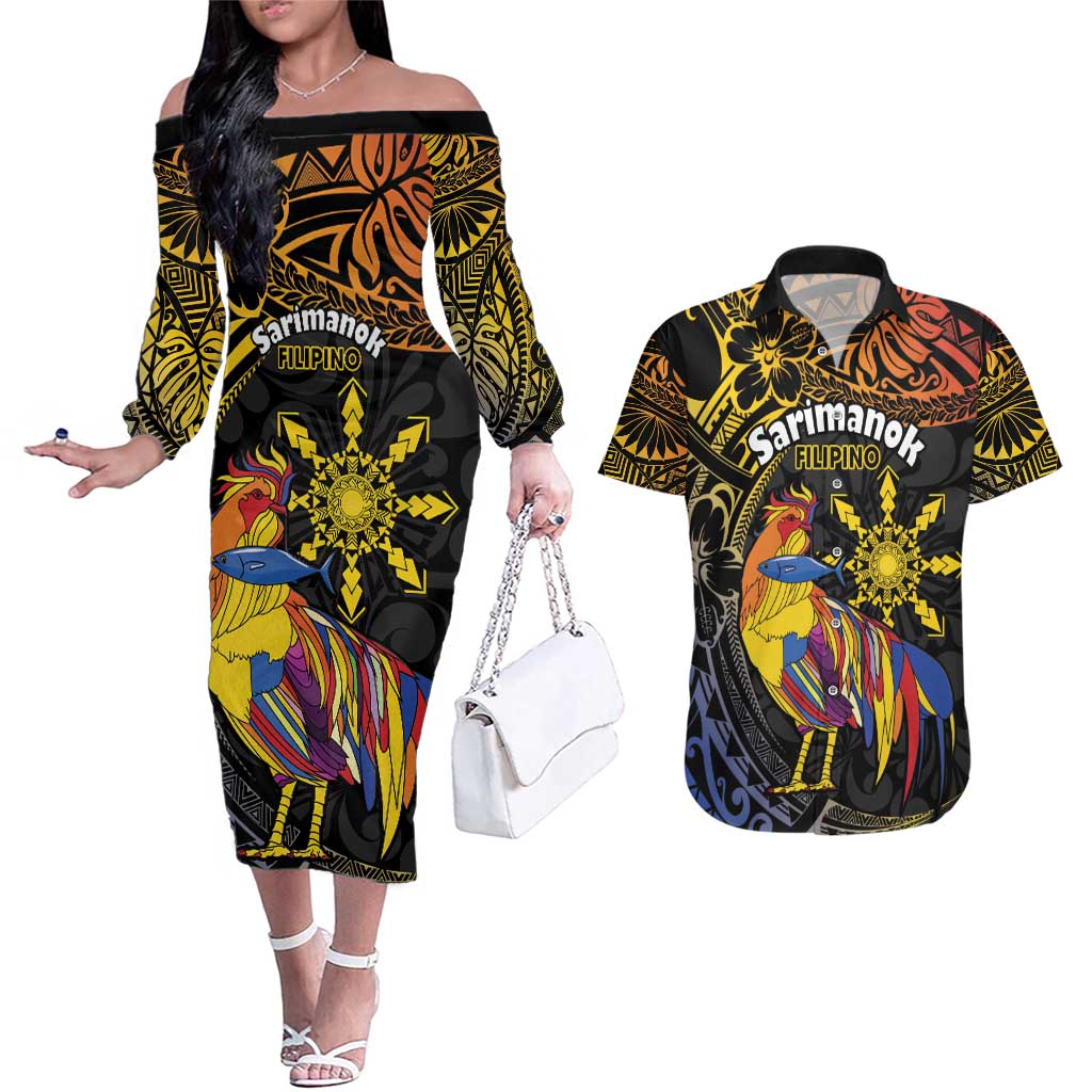 Philippines Sarimanok Couples Matching Off The Shoulder Long Sleeve Dress and Hawaiian Shirt Papanok Legendary Bird Okir Polynesian Pattern LT14 Black - Polynesian Pride