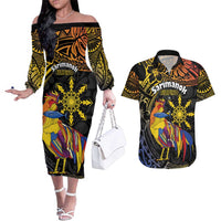 Philippines Sarimanok Couples Matching Off The Shoulder Long Sleeve Dress and Hawaiian Shirt Papanok Legendary Bird Okir Polynesian Pattern LT14 Black - Polynesian Pride