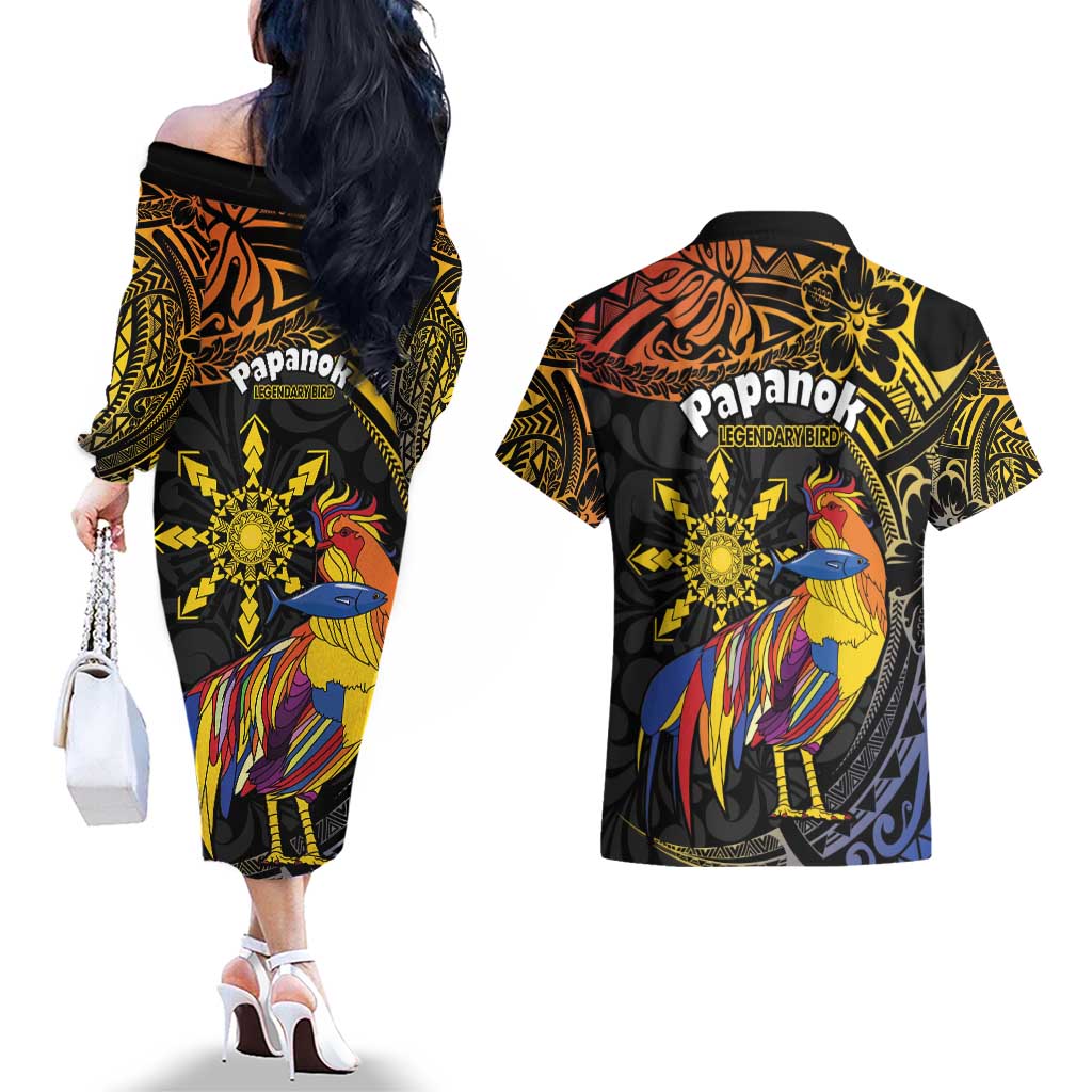 Philippines Sarimanok Couples Matching Off The Shoulder Long Sleeve Dress and Hawaiian Shirt Papanok Legendary Bird Okir Polynesian Pattern LT14 - Polynesian Pride