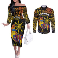 Philippines Sarimanok Couples Matching Off The Shoulder Long Sleeve Dress and Long Sleeve Button Shirt Papanok Legendary Bird Okir Polynesian Pattern LT14 Black - Polynesian Pride