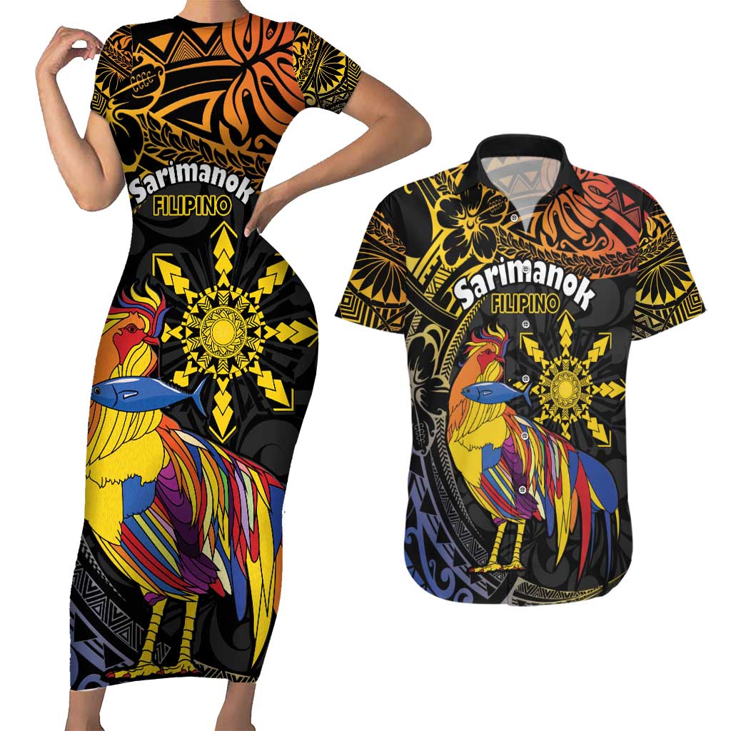 Philippines Sarimanok Couples Matching Short Sleeve Bodycon Dress and Hawaiian Shirt Papanok Legendary Bird Okir Polynesian Pattern LT14 Black - Polynesian Pride