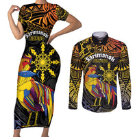 Philippines Sarimanok Couples Matching Short Sleeve Bodycon Dress and Long Sleeve Button Shirt Papanok Legendary Bird Okir Polynesian Pattern LT14 Black - Polynesian Pride