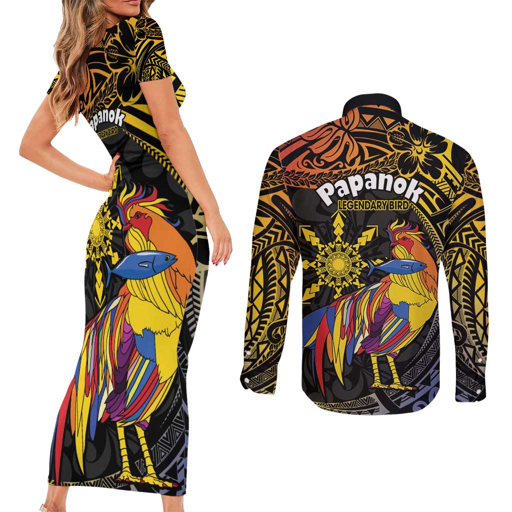 Philippines Sarimanok Couples Matching Short Sleeve Bodycon Dress and Long Sleeve Button Shirt Papanok Legendary Bird Okir Polynesian Pattern LT14 - Polynesian Pride