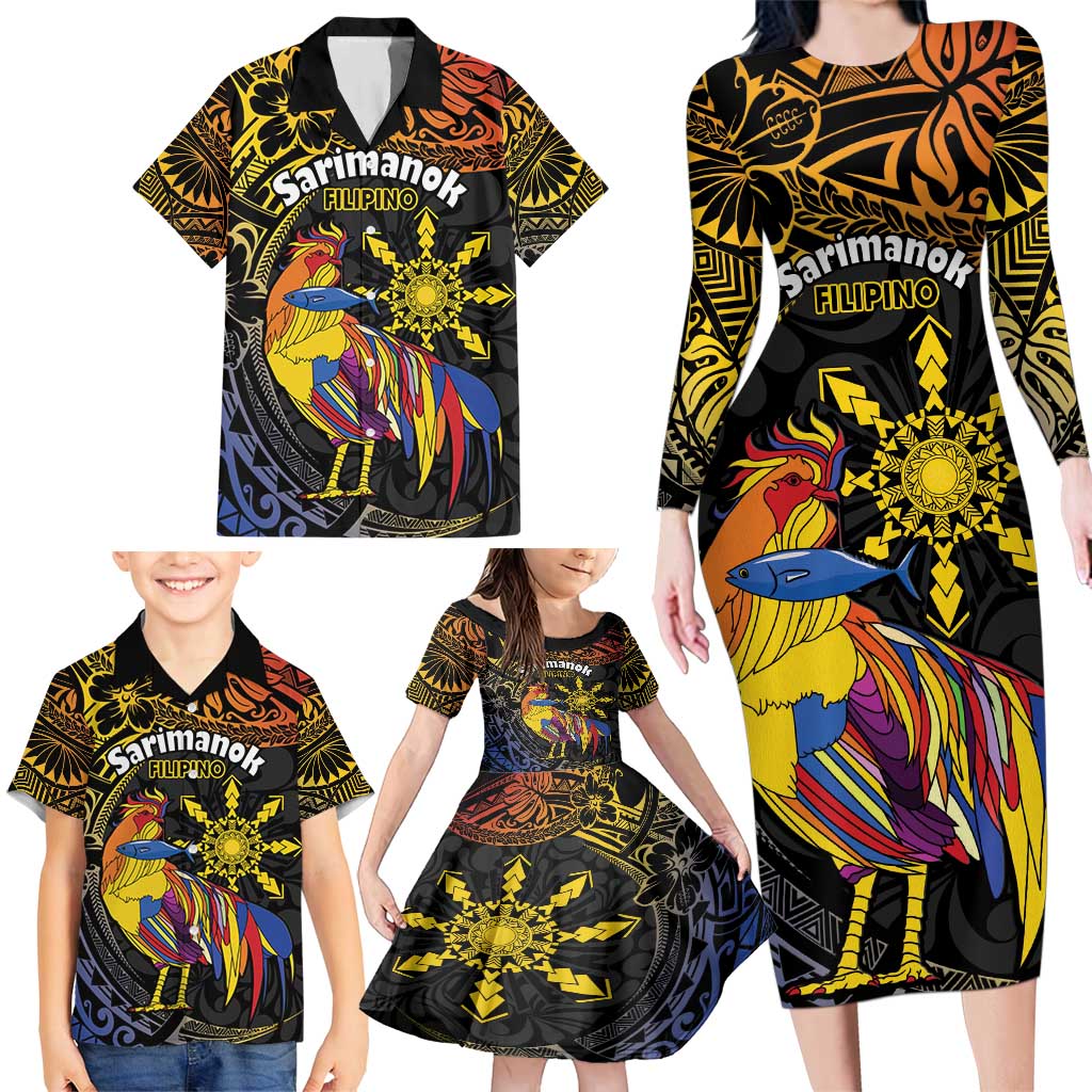 Philippines Sarimanok Family Matching Long Sleeve Bodycon Dress and Hawaiian Shirt Papanok Legendary Bird Okir Polynesian Pattern LT14 - Polynesian Pride