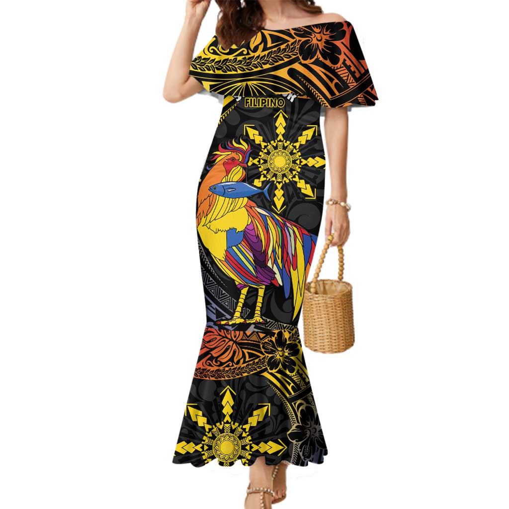 Philippines Sarimanok Family Matching Mermaid Dress and Hawaiian Shirt Papanok Legendary Bird Okir Polynesian Pattern LT14 Mom's Dress Black - Polynesian Pride