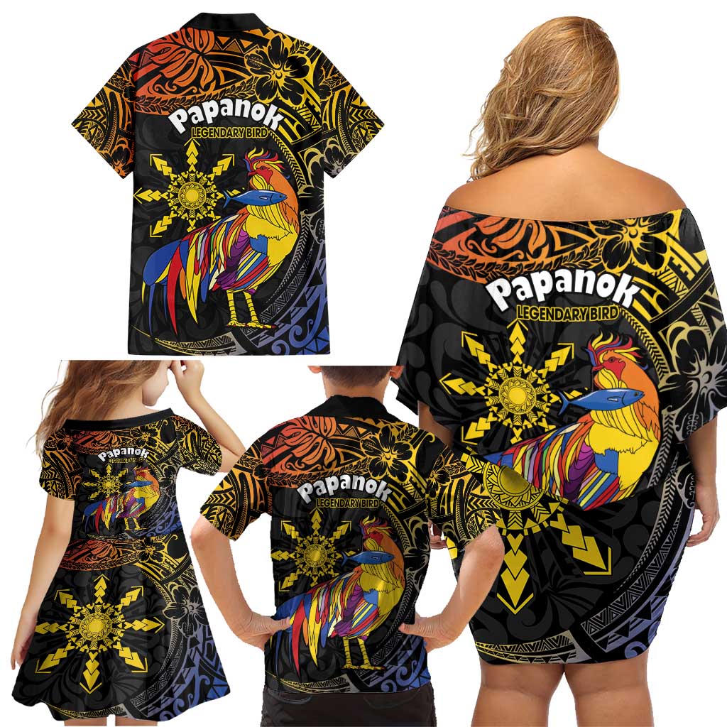Philippines Sarimanok Family Matching Off Shoulder Short Dress and Hawaiian Shirt Papanok Legendary Bird Okir Polynesian Pattern LT14 - Polynesian Pride