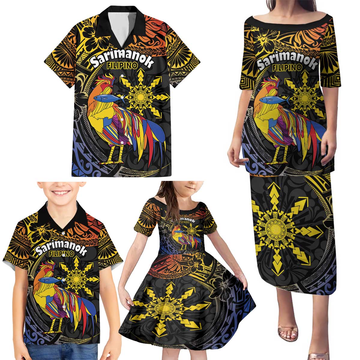 Philippines Sarimanok Family Matching Puletasi and Hawaiian Shirt Papanok Legendary Bird Okir Polynesian Pattern LT14 - Polynesian Pride
