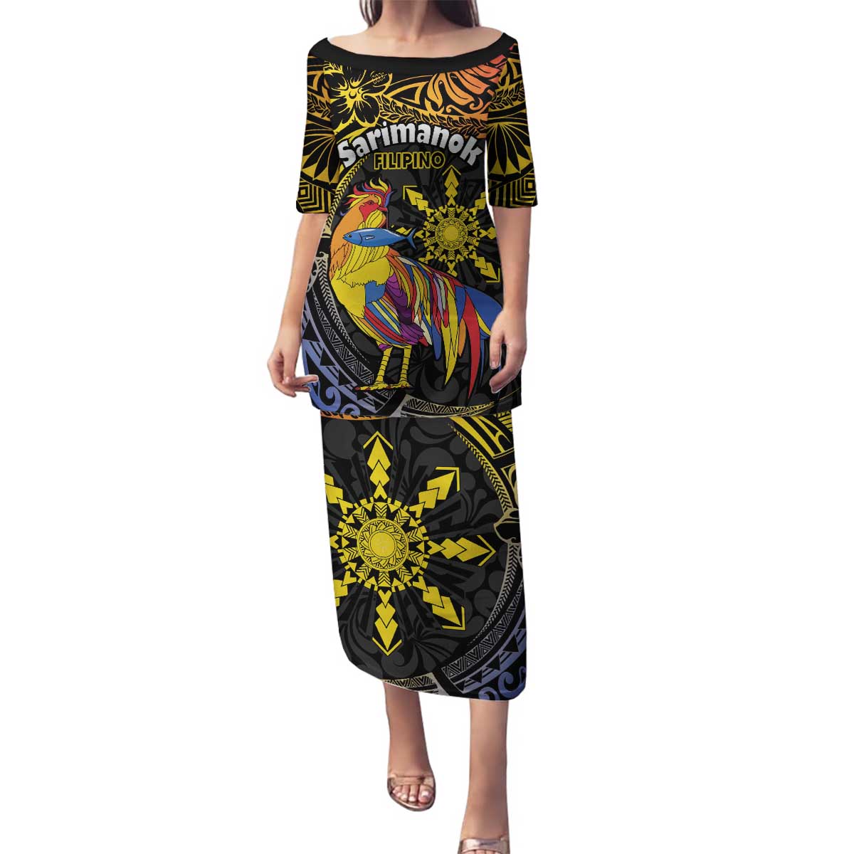 Philippines Sarimanok Family Matching Puletasi and Hawaiian Shirt Papanok Legendary Bird Okir Polynesian Pattern LT14 Mom's Dress Black - Polynesian Pride