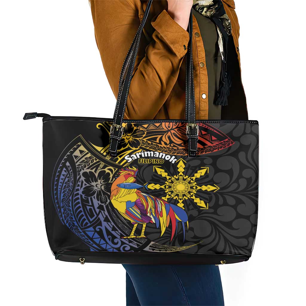 Philippines Sarimanok Leather Tote Bag Papanok Legendary Bird Okir Polynesian Pattern LT14 - Polynesian Pride