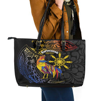 Philippines Sarimanok Leather Tote Bag Papanok Legendary Bird Okir Polynesian Pattern LT14 - Polynesian Pride