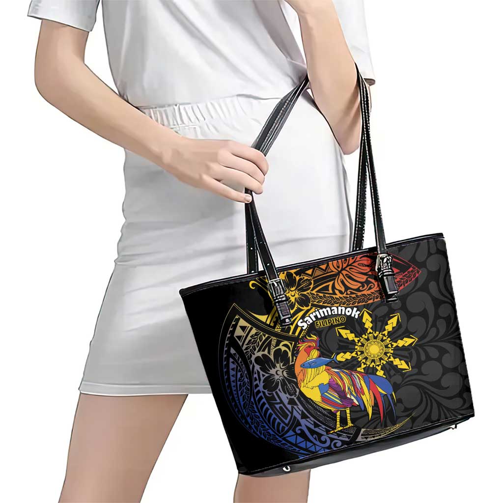 Philippines Sarimanok Leather Tote Bag Papanok Legendary Bird Okir Polynesian Pattern LT14 - Polynesian Pride