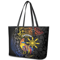 Philippines Sarimanok Leather Tote Bag Papanok Legendary Bird Okir Polynesian Pattern LT14 - Polynesian Pride