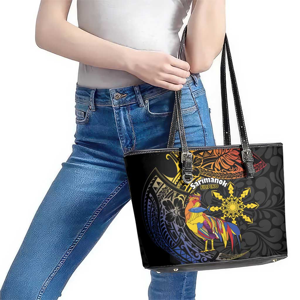 Philippines Sarimanok Leather Tote Bag Papanok Legendary Bird Okir Polynesian Pattern LT14 - Polynesian Pride
