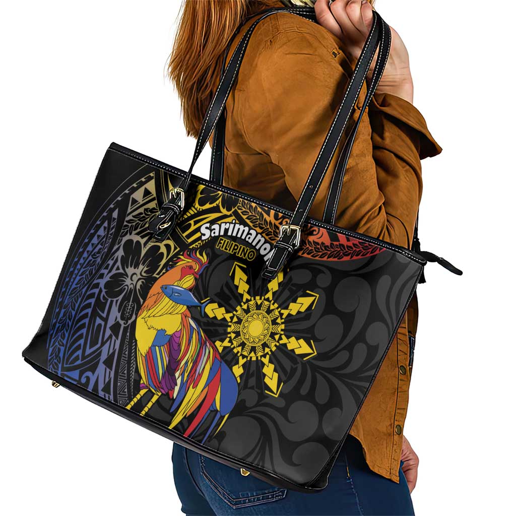 Philippines Sarimanok Leather Tote Bag Papanok Legendary Bird Okir Polynesian Pattern LT14 - Polynesian Pride