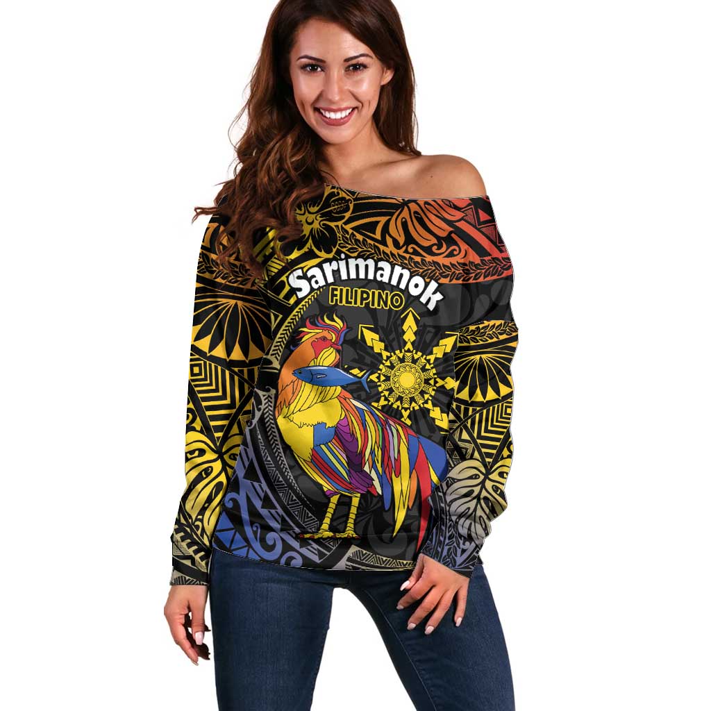 Philippines Sarimanok Off Shoulder Sweater Papanok Legendary Bird Okir Polynesian Pattern LT14 Women Black - Polynesian Pride