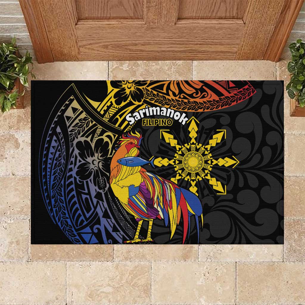 Philippines Sarimanok Rubber Doormat Papanok Legendary Bird Okir Polynesian Pattern LT14 Black - Polynesian Pride