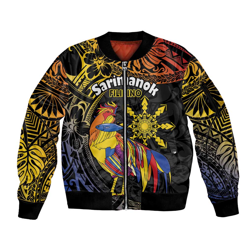 Philippines Sarimanok Sleeve Zip Bomber Jacket Papanok Legendary Bird Okir Polynesian Pattern LT14 Unisex Black - Polynesian Pride