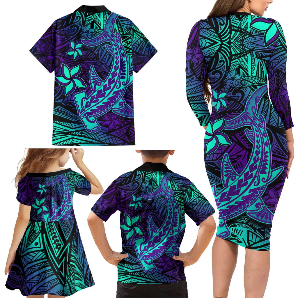 Purple Polynesian Family Matching Long Sleeve Bodycon Dress and Hawaiian Shirt Tribal Hammerhead Shark LT14 - Polynesian Pride