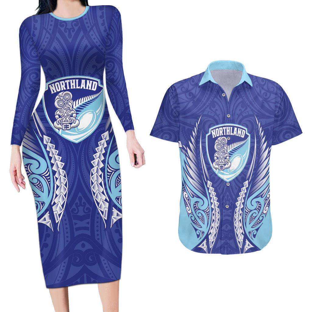 Northland 2026 Rugby Custom Couples Matching Long Sleeve Bodycon Dress and Hawaiian Shirt NZ Maori Silver Fern LT14 Blue - Polynesian Pride